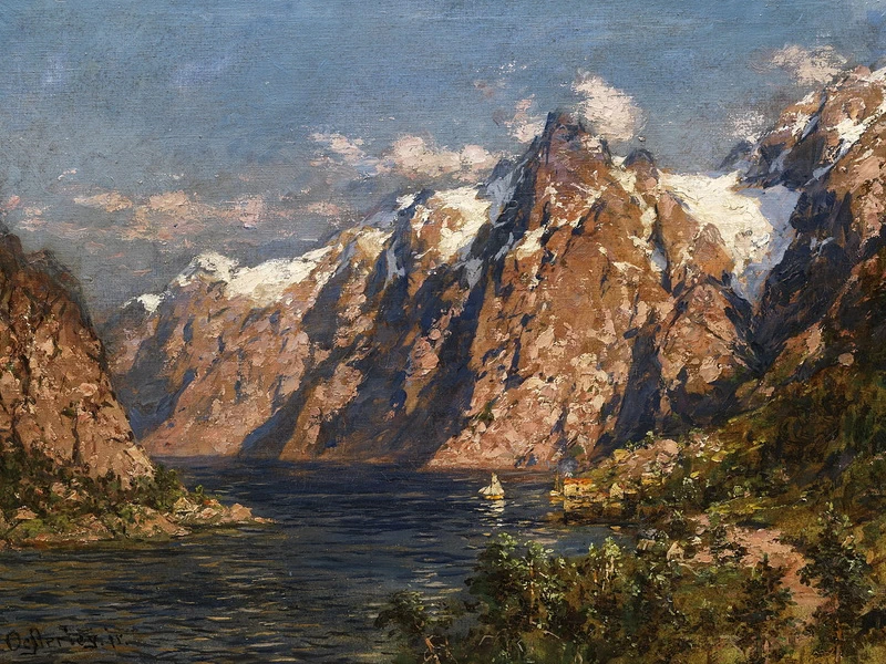 1839-Carl August Heinrich Ferdinand Oesterley - Paesaggio del fiordo con cime che si intersecano